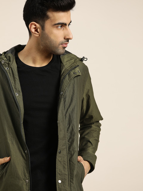 

INVICTUS Men Olive Green Solid Hooded Tailored Jacket