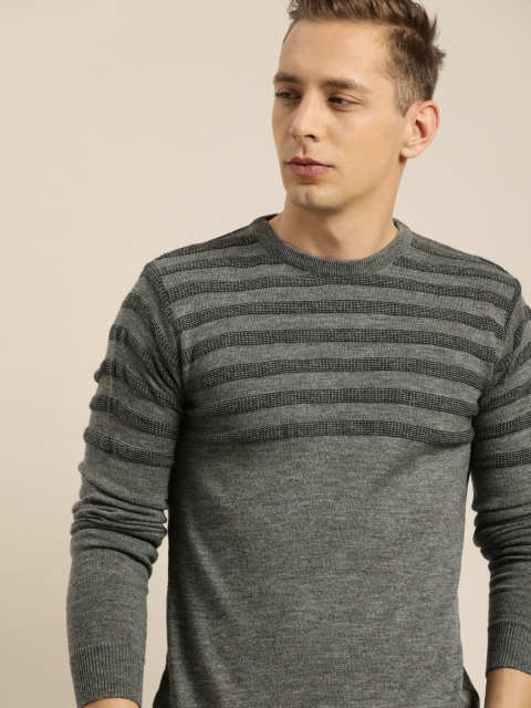 

INVICTUS Men Grey Melange Striped Acrylic Sweater