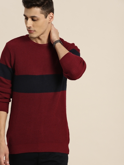 

INVICTUS Men Maroon & Navy Colourblocked Acrylic Pullover