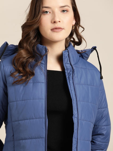 

her by invictus Women Blue Solid Detachable Hood Padded Jacket