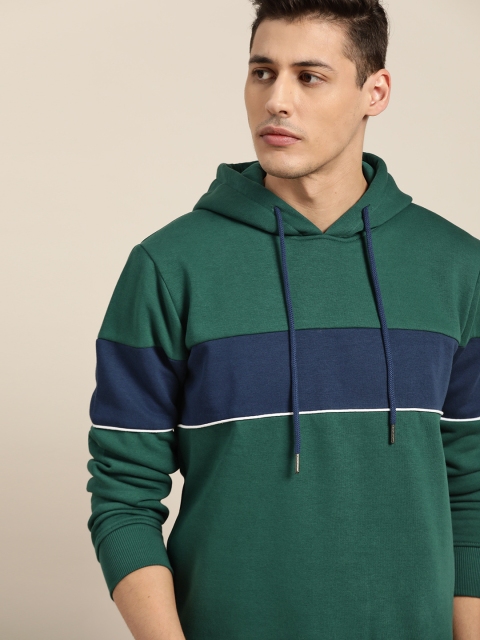 

INVICTUS Men Green & Navy Blue Striped Hooded Sweatshirt
