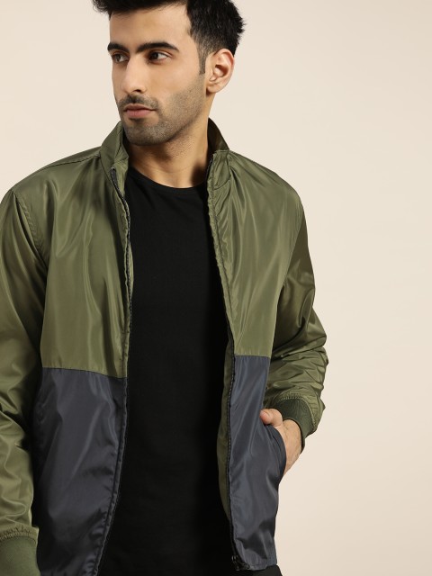 

INVICTUS Men Olive Green & Navy Blue Colourblocked Bomber Jacket
