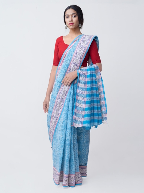 

Unnati Silks Blue Pure Hand Kantha Printed Mangalagiri Handloom Sustainable Saree