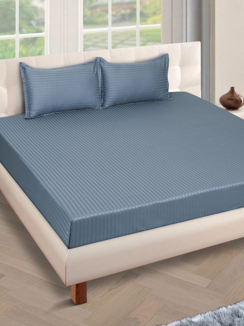 

ROMEE Grey Striped 250 TC Cotton 1 King Bedsheet with 2 Pillow Covers