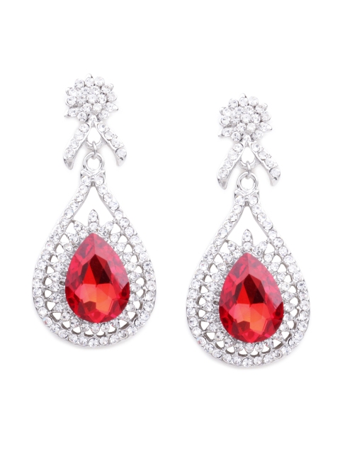 

Rubans Silver-Toned & Red Stone-Studded Drop Earrings