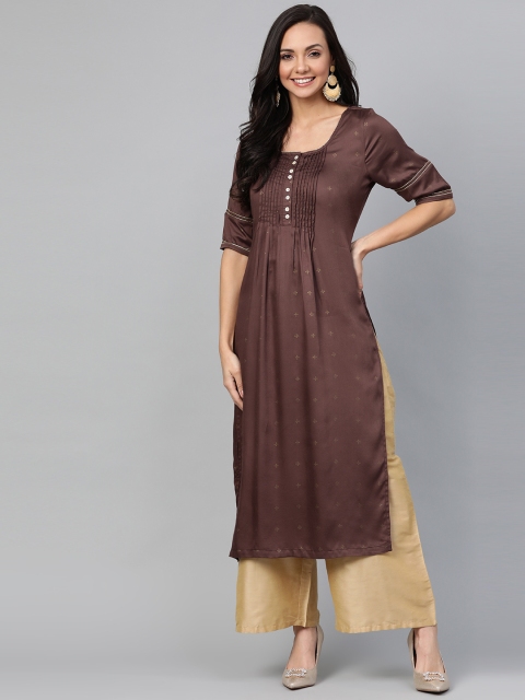 

HERE&NOW Women Brown & Golden Printed Straight Kurta