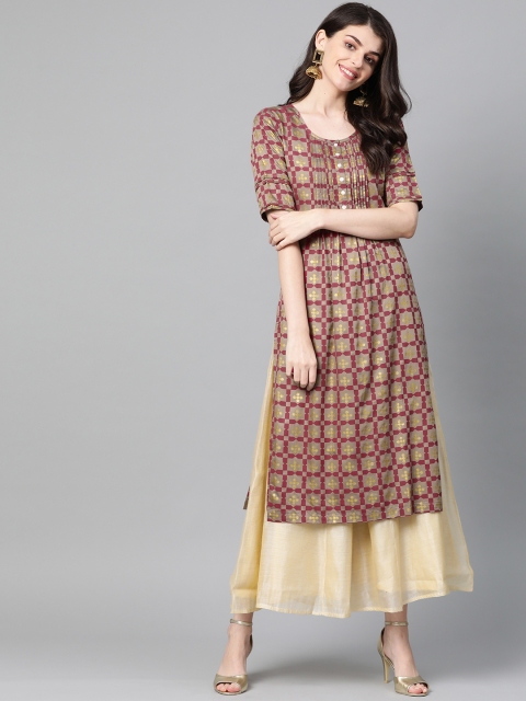 

HERE&NOW Women Grey & Magenta Printed Straight Kurta