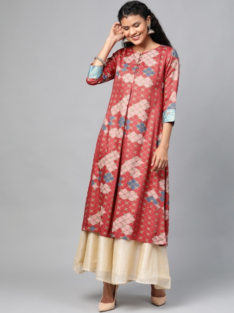 

HERE&NOW Women Rust Orange & Blue Printed A-Line Kurta