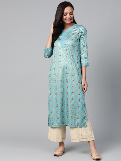 

HERE&NOW Women Blue & Golden Printed Straight Kurta