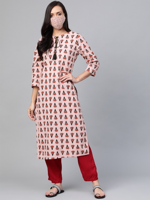 

HERE&NOW Women Pink & Black Printed Straight Kurta