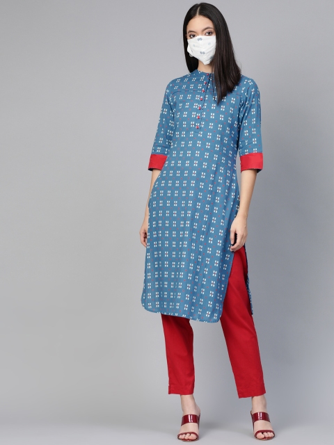 

HERE&NOW Women Blue White Printed Straight Kurta