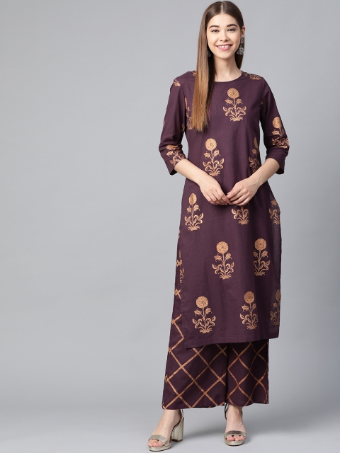 

HERE&NOW Women Aubergine & Golden Printed Kurta with Palazzos, Purple