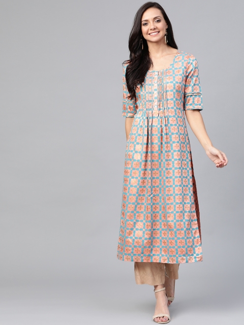 

HERE&NOW Women Peach-Coloured & Teal Blue Printed Straight Kurta