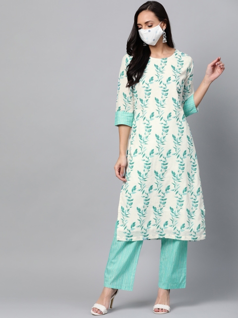 

HERENOW Women Off-White Blue Printed Kurta with Palazzos