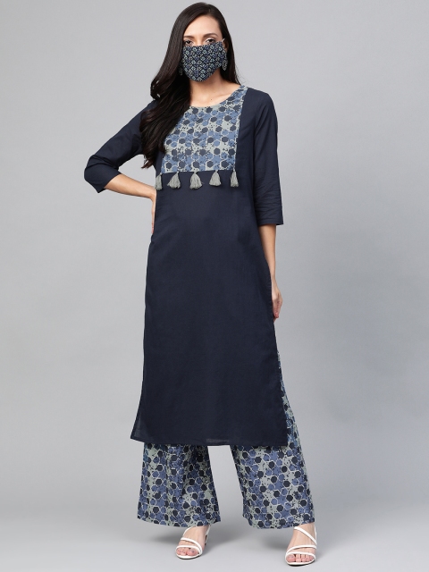 

HERENOW Women Navy Blue Grey Yoke Design Kurta with Palazzos