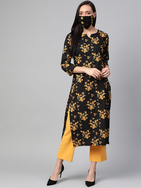 

HERE&NOW Women Black Mustard Yellow Floral Print Straight Kurta