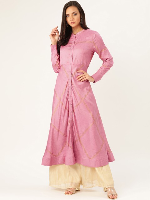 

Moda Rapido Women Pink & Golden Printed A-Line Kurta