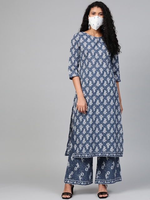 

HERE&NOW Women Navy Blue White Printed Kurta Palazzos