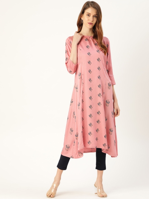 

Moda Rapido Women Pink & Blue Printed Asymmetric A-Line Kurta
