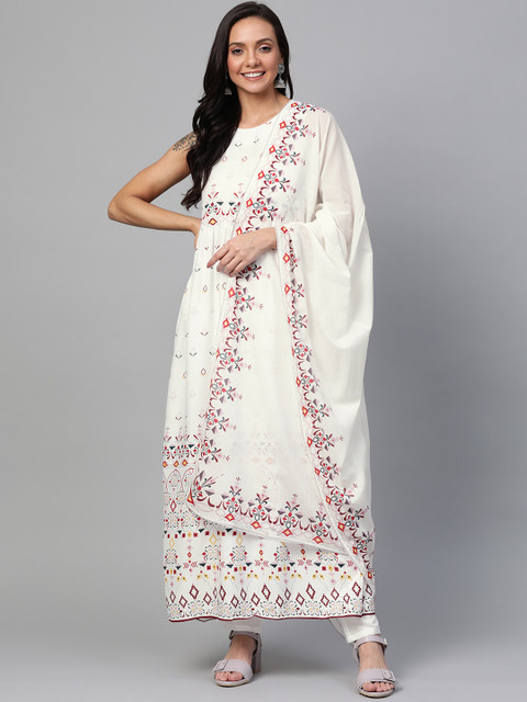 

HERE&NOW Women Off-White & Burgundy Printed Kurta with Trousers & Dupatta