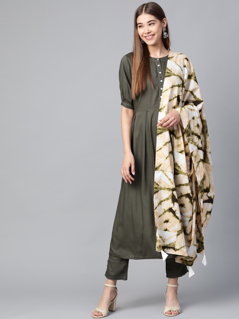 

HERE&NOW Women Olive Green & Off-White Solid Kurta with Trousers & Printed Dupatta