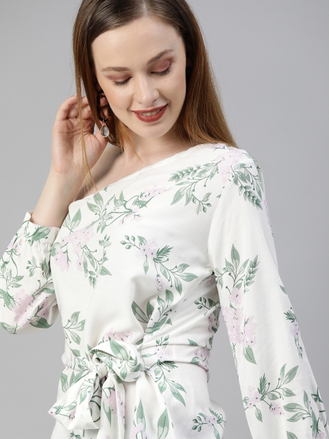 

HERE&NOW Women White & Green Floral Printed Regular Top with Waist Tie-Up Detail