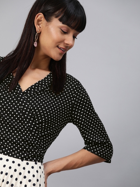 

HERE&NOW Women Black & White Polka Dots Printed Wrap Top with Back Tie-Ups