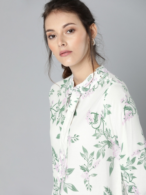 

HERE&NOW Women White Floral Printed Top With Tie-up Neck