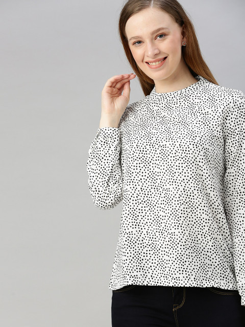 

HERE&NOW Women White & Black Printed Top With Cuffed Sleeves