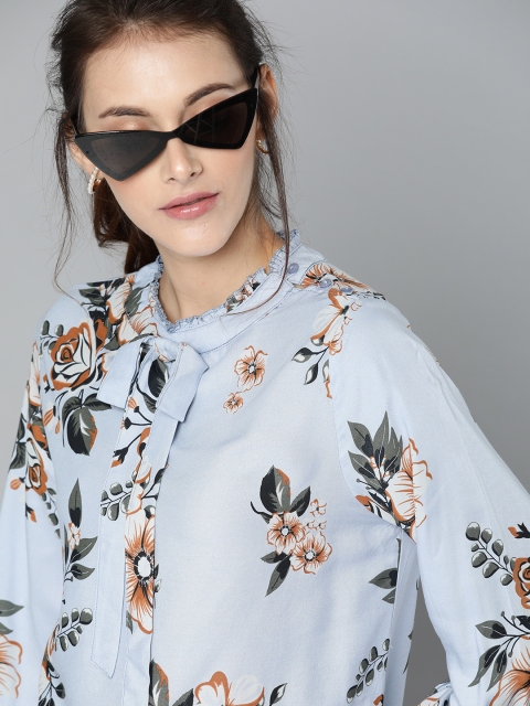 

HERE&NOW Women Blue Printed Top With Tie-up Neck
