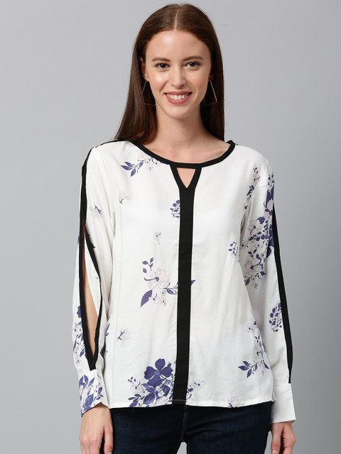 

HERE&NOW Women White & Blue Floral Printed Slit Sleeve Top