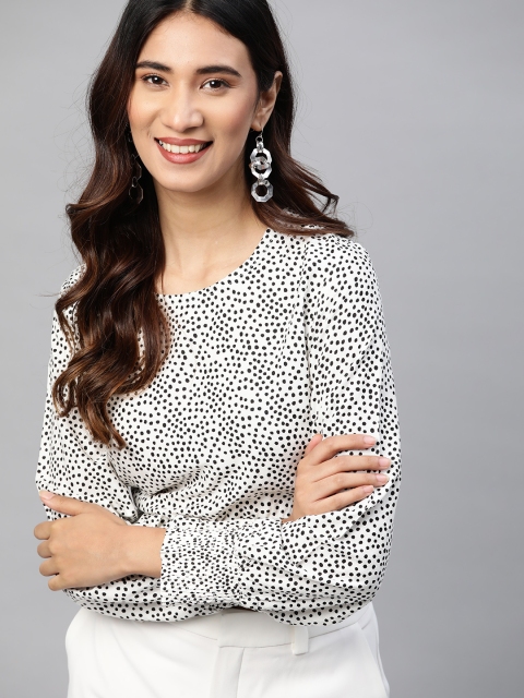 

HERE&NOW White & Black Polka Dots Print Smocked Cropped Top