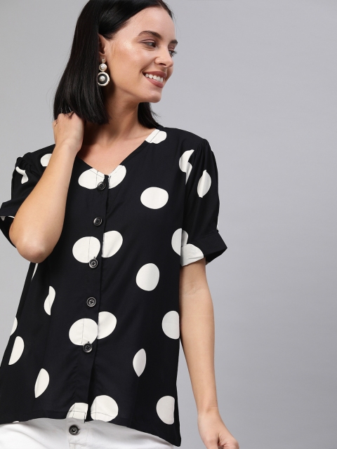 

HERE&NOW Women Black & White Polka Dots Printed Shirt Style Top