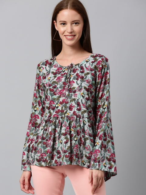 

HERE&NOW Women Grey & Burgundy Floral Printed Gathered Flared Sleeve A-Line Top