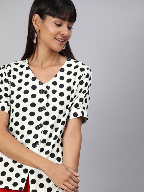 

HERE&NOW Women White & Black Polka Dots Printed Shirt Style Top