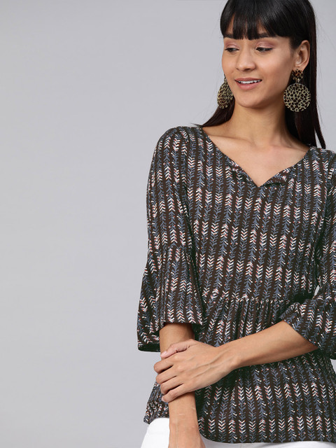 

HERE&NOW Women Brown & Blue Printed A-Line Top