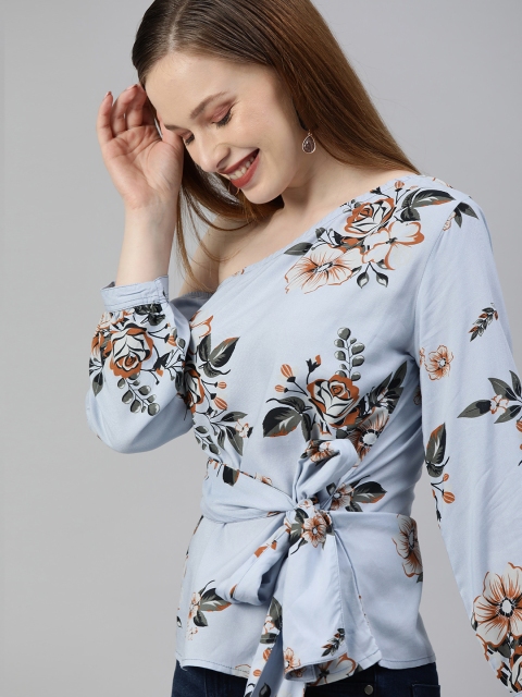 

HERE&NOW Women Blue & Brown Floral Printed Regular Top with Waist Tie-Up Detail