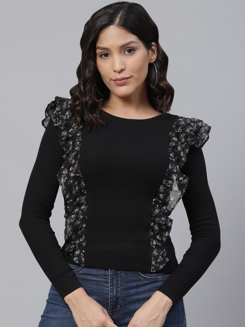 

VividArtsy Women Black Solid Fitted Top With Frills