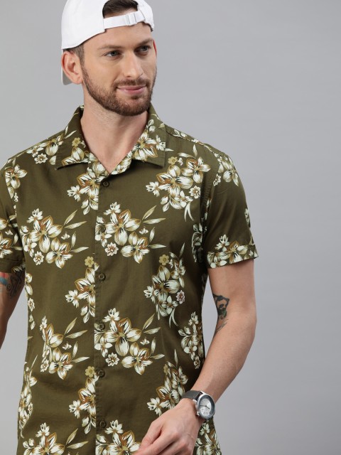 

HERE&NOW Men Olive Green & Off-White Slim Fit Floral Printed Casual Shirt