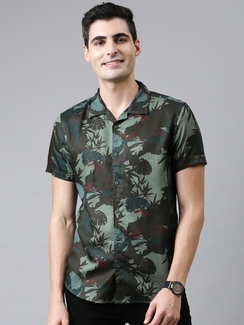 

HERE&NOW Men Olive Green Slim Fit Tropical Printed Casual Cuban Collar Shirt