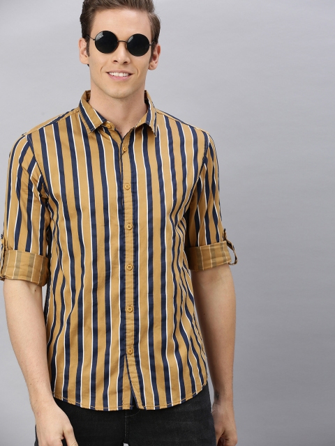 

HERE&NOW Men Navy Blue & Khaki Slim Fit Striped Casual Shirt