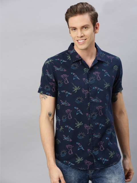 

HERE&NOW Men Navy Blue & Pink Slim Fit Conversational Printed Casual Shirt