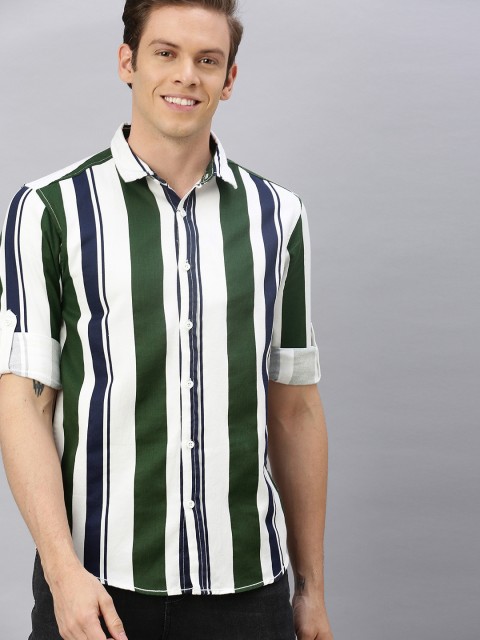 

HERE&NOW Men White & Navy Blue Slim Fit Striped Casual Shirt