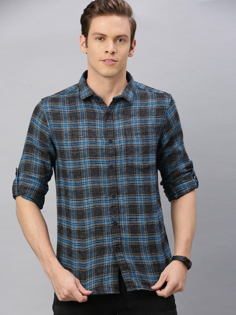 

HERE&NOW Men Black & Teal Blue Slim Fit Checked Casual Shirt