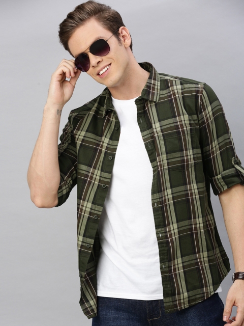 

HERE&NOW Men Olive Green & Brown Slim Fit Checked Casual Cotton Shirt