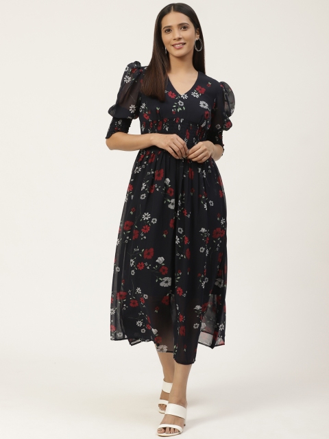 

WoowZerz Women Navy Blue & Red Floral Printed Empire Dress