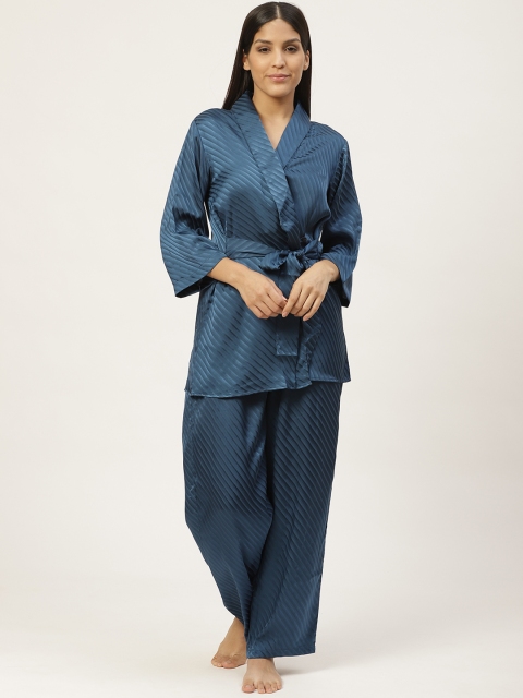 

WoowZerz Women Teal Blue Striped Satin Finish Robe-Style Night suit