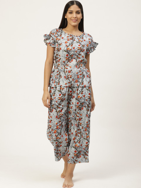 

WoowZerz Women Grey & Rust Orange Floral Printed Night Suit