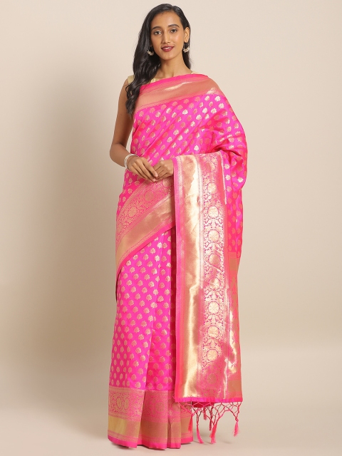 

Mitera Pink & Gold-Toned Silk Blend Embellished Banarasi Saree