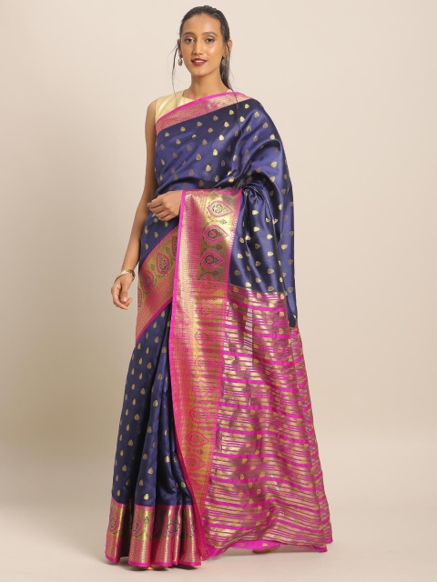 

Mitera Navy Blue & Pink Silk Blend Woven Design Banarasi Saree